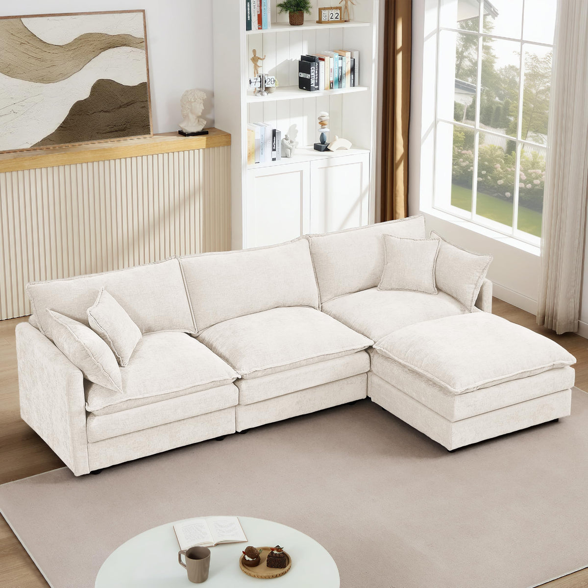 106" U-Shape Modular Sofa w/Ottoman, 4-Seater Chenille Cloud Couch, Coffee