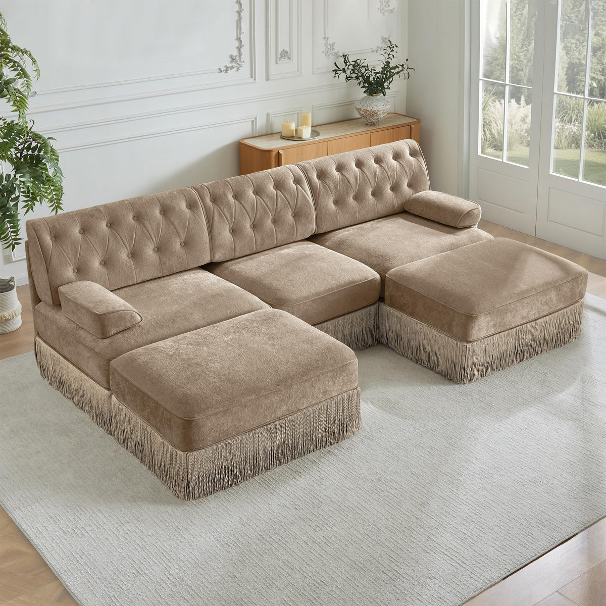 106'' Modern Chesterfield Style 3-Seater Sofa with 2 Ottoman, Upholstered Velvet Modular Sectional Sofa with Button Tufted, U Shape Deep Seat Cloud Sectional Couches for Living Room (Green)