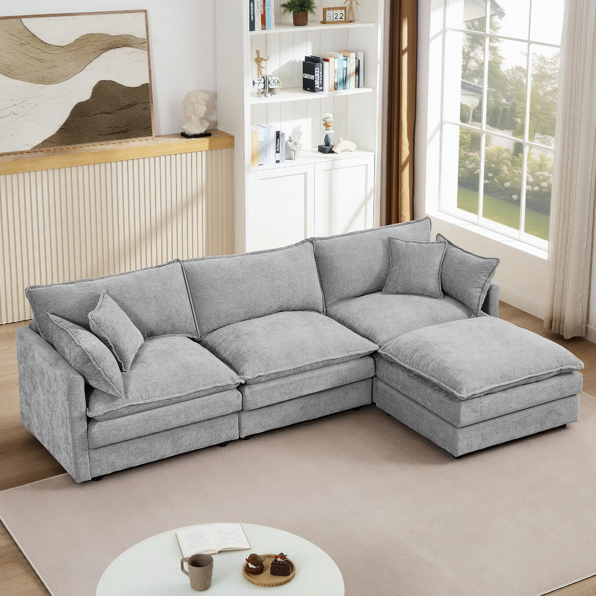 106" U-Shape Modular Sofa w/Ottoman, 4-Seater Chenille Cloud Couch, Coffee