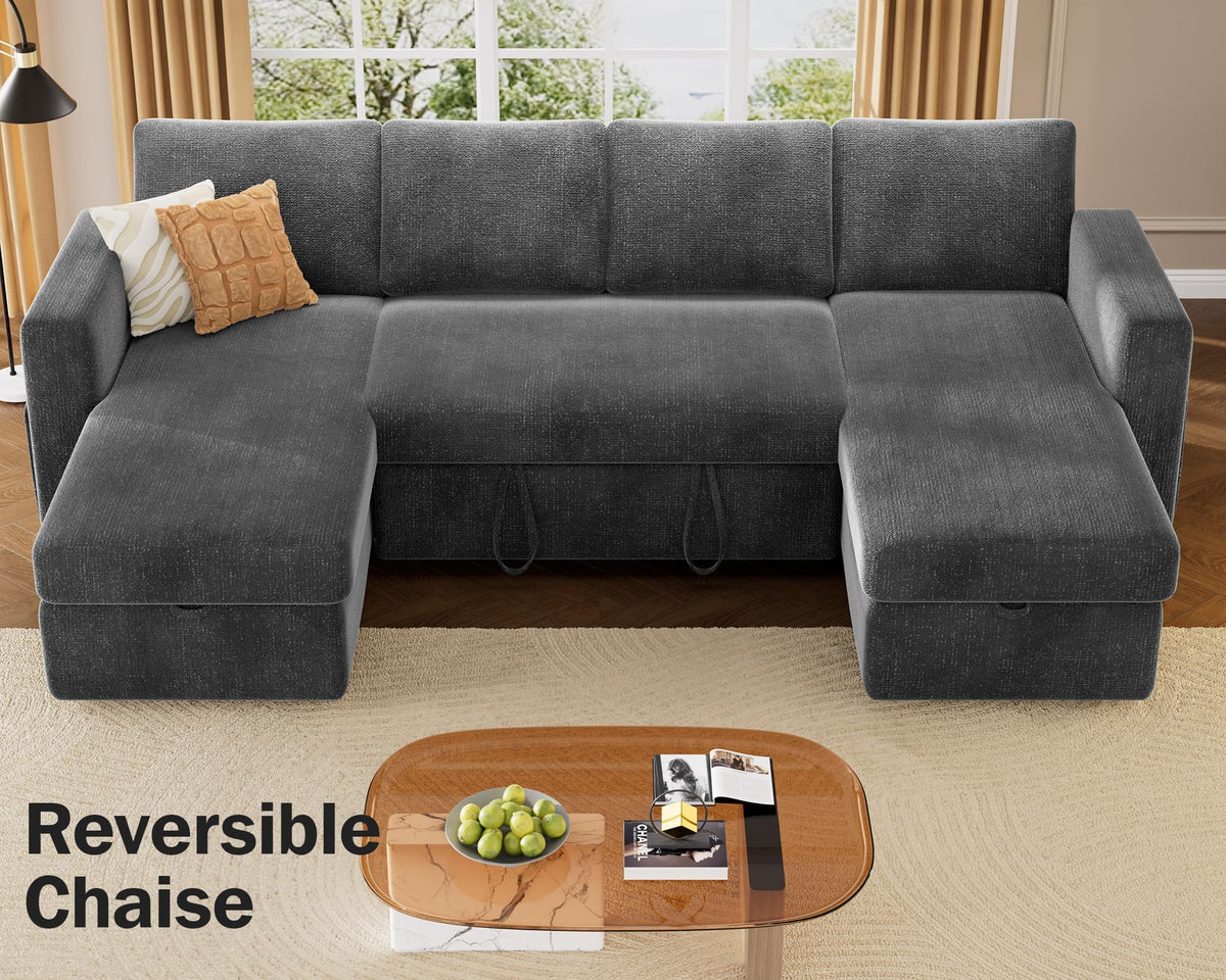 Vipbear 106" Sectional Sleeper Sofa with Pull Out Bed, U Shaped Couch Sleeper Sofa Bed, Pull Out Couch with Reclining Backrest, Double Storage Chaise, USB Ports, Tool-Free Assembly, Chenille Grey