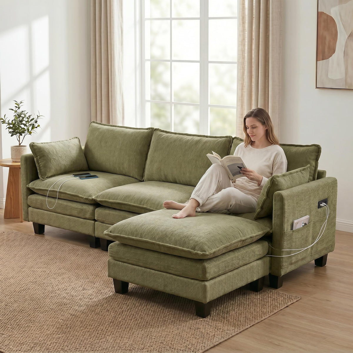 107.9" Modular Chenille Sofa, 3 Seat Cloud Couch with Movable Ottoman, Modern Deep Seat Couch with USB Ports & Side Pockets for Living Room Apartment (Green)