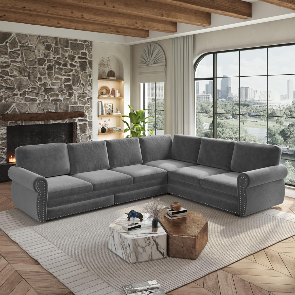 118'' Pull Out Couch, Convertible Sleeper Sofa Bed, Upholstered Sectional Sofa, Chenille L-Shaped Couch with Nailhead Trim, Modern Sectional Couches for Apartment, Living Room, Light Grey