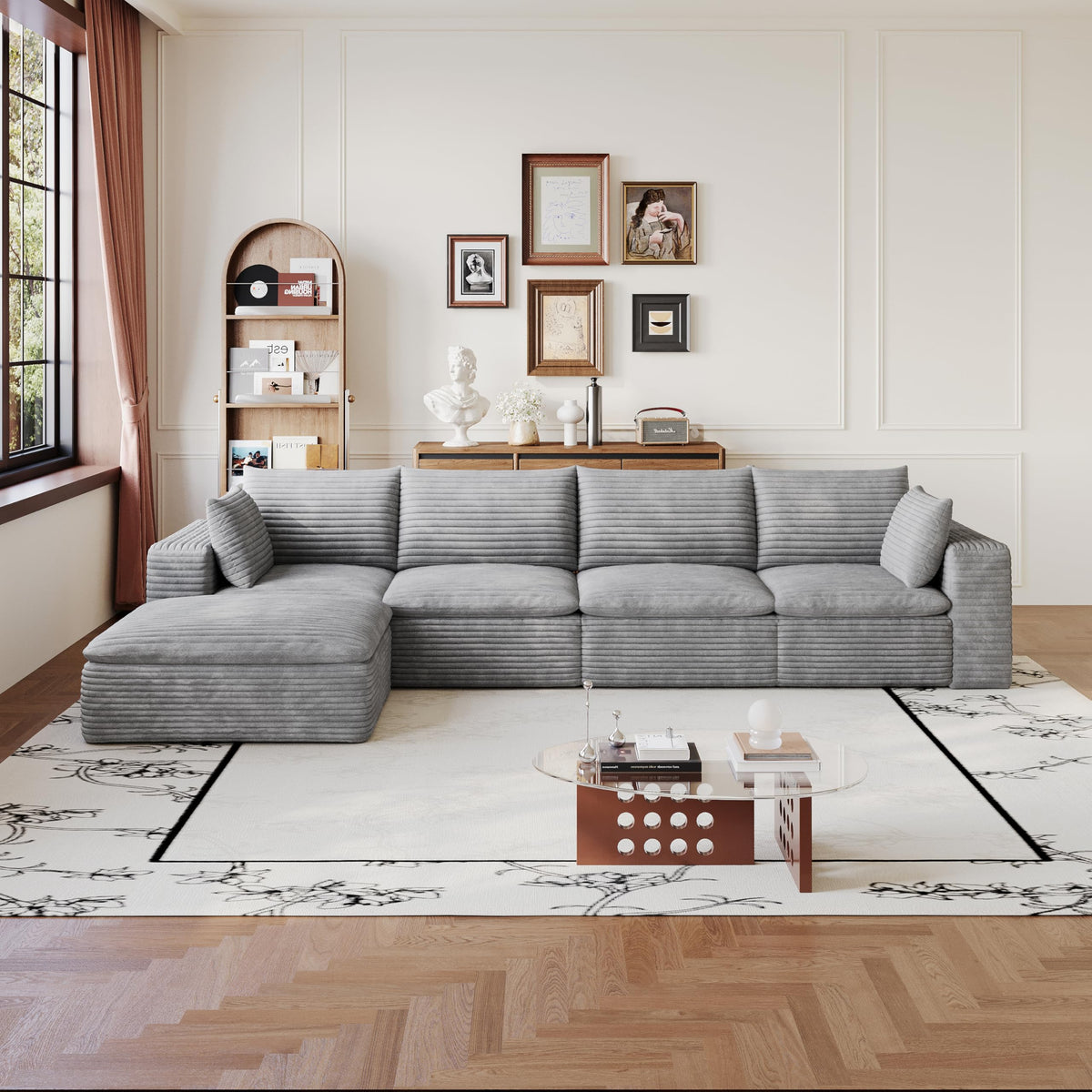 102" Oversized Boneless Modular Sectional Sofa Cloud Couch with 3 Ottomans Convertible Sleeper Sofa Bed for Living Room - No Assembly Floor Compression Sofa with Memory Foam and Deep Seat