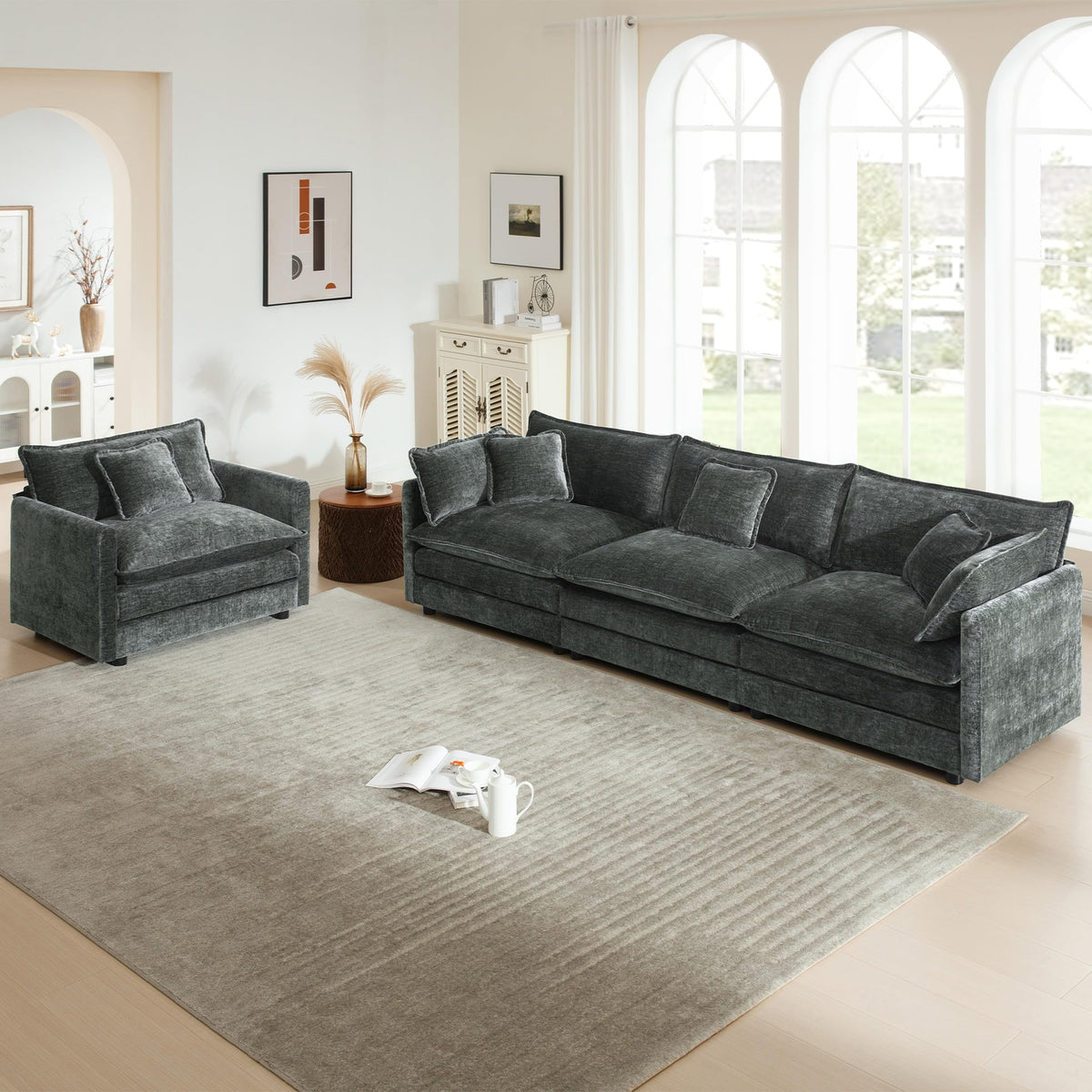 White Modular Sectional Sofa 3-Piece Set, Modern Deep Seat Chenille Couch, Loveseat, Single Sofa, Oversized Modular Couch for Living Room