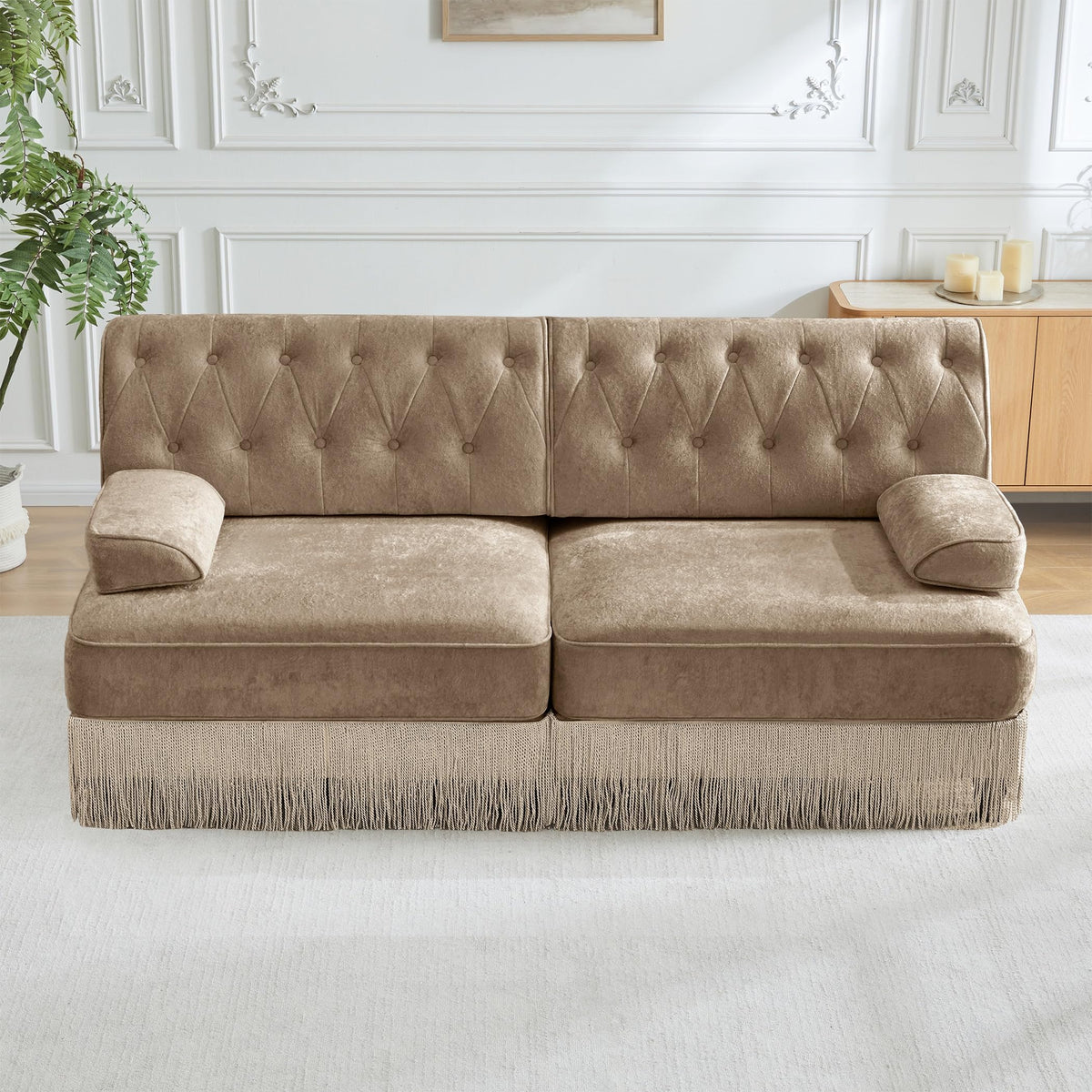 Velvet Modular Sectional Sofa, 135.6 Inch Chesterfield Style, Camel