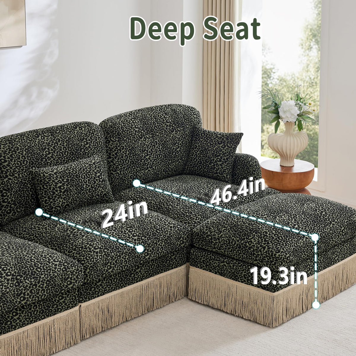100'' Modular Sectional Couch, Cloud Deep Seat Sofa, Chenille Leopard Print Couch with Tassel for Living Room (U-Shaped, Green)