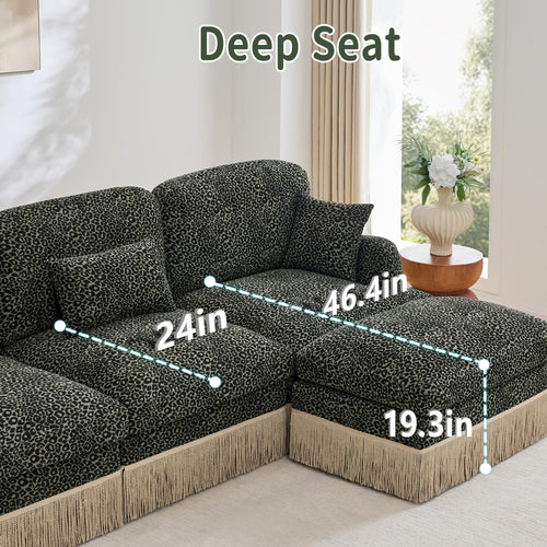 100'' Modular Sectional Couch, Cloud Deep Seat Sofa, Chenille Leopard Print Couch with Tassel for Living Room (U-Shaped, Green)