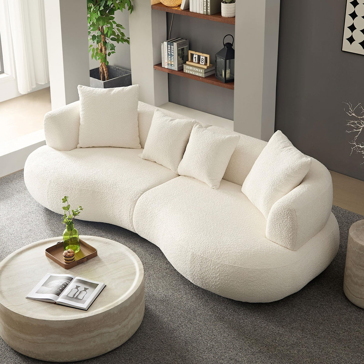 102.36" Cream White Curved Boucle Sofa, 4 Seater Deep Cloud Couch