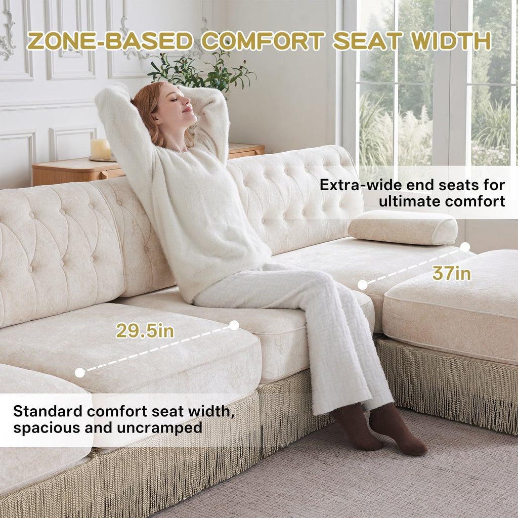 Unique Chesterfield Style Modular Sectional Sofa, 135.6” L-shaped Boneless Sofa with Velvet Fabric, Floor-grazing Tassel Fringe Skirt and Button Tufted Design for Living Room, Easy to Assemble, Beige
