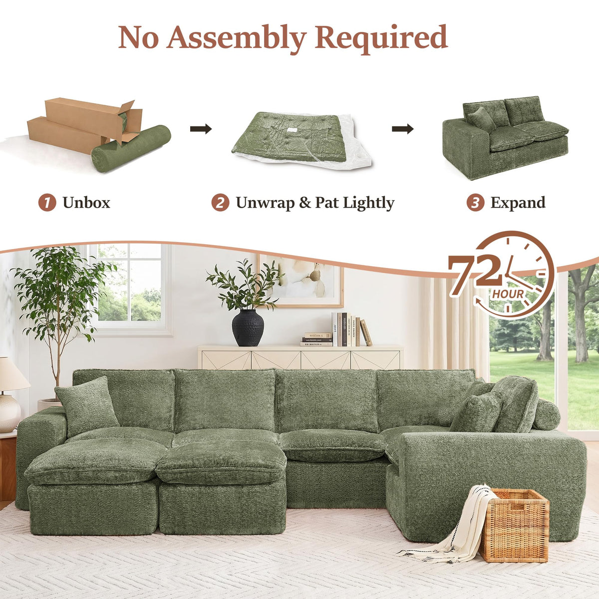 107'' Modular Sectional Sleeper Sofa, 5 Seater Corner Couch, Modern L Shaped Sectional Couch with Ottoman, Boneless Cloud Couches for Living Room (Green, L Shaped Sofa (5+2))