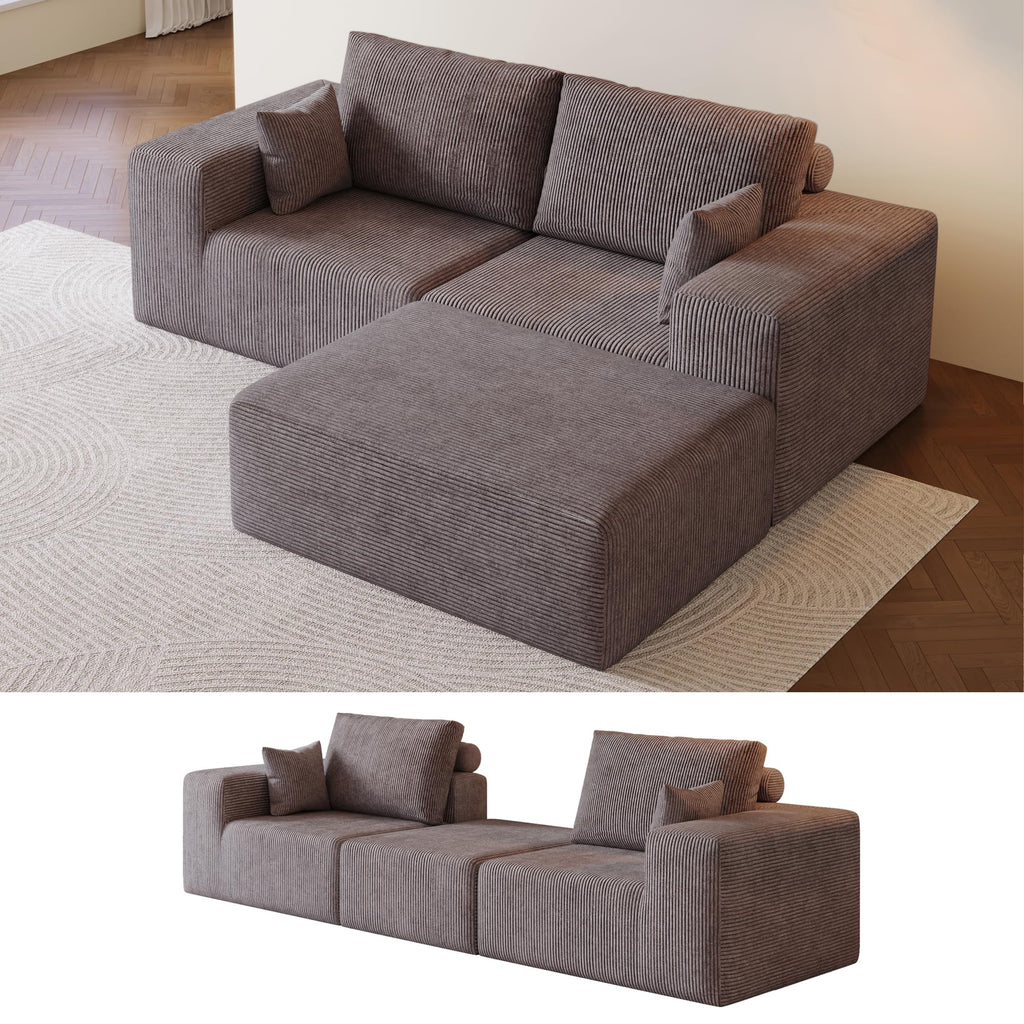 109" L-Shaped Corduroy Oversized Sectional Sofa w/Ottoman, Brown