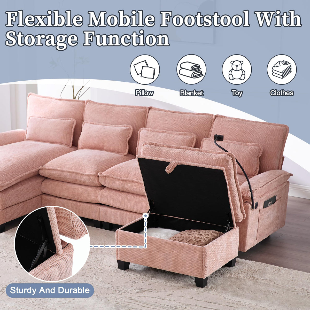 106" U Shape Sectional Sofa Cloud Couch for Living Room, Upholstery Comfy Modular Sofas, 4 Seat Chenille U Shaped Sleeper Sofa with Chaise Lounge, Ottoman Pillows