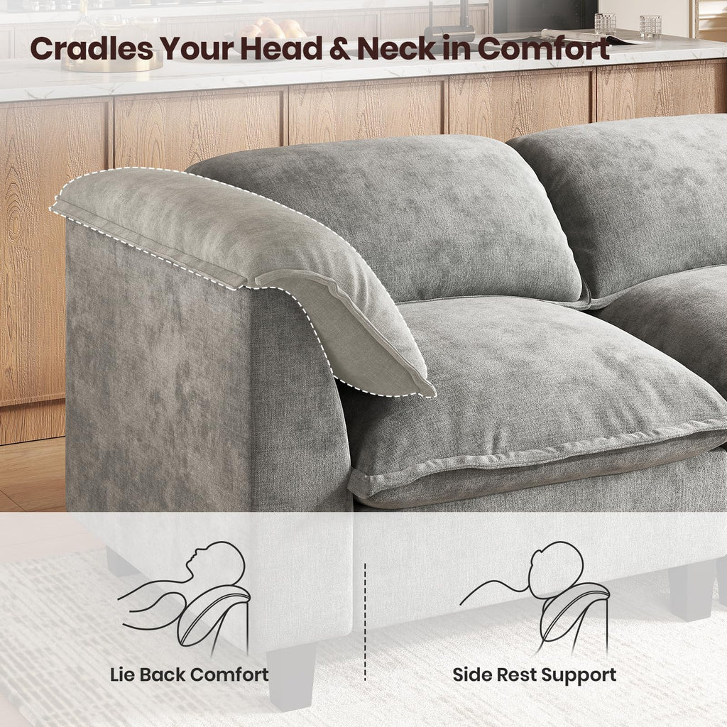 112'' Modular Sectional Sofa with Ottoman, 3-Seat Chenille L-Shaped Couch with Washable Cushion Covers, Curved Padded Armrests, Comfy Upholstered Sofa for Living Room, Gray