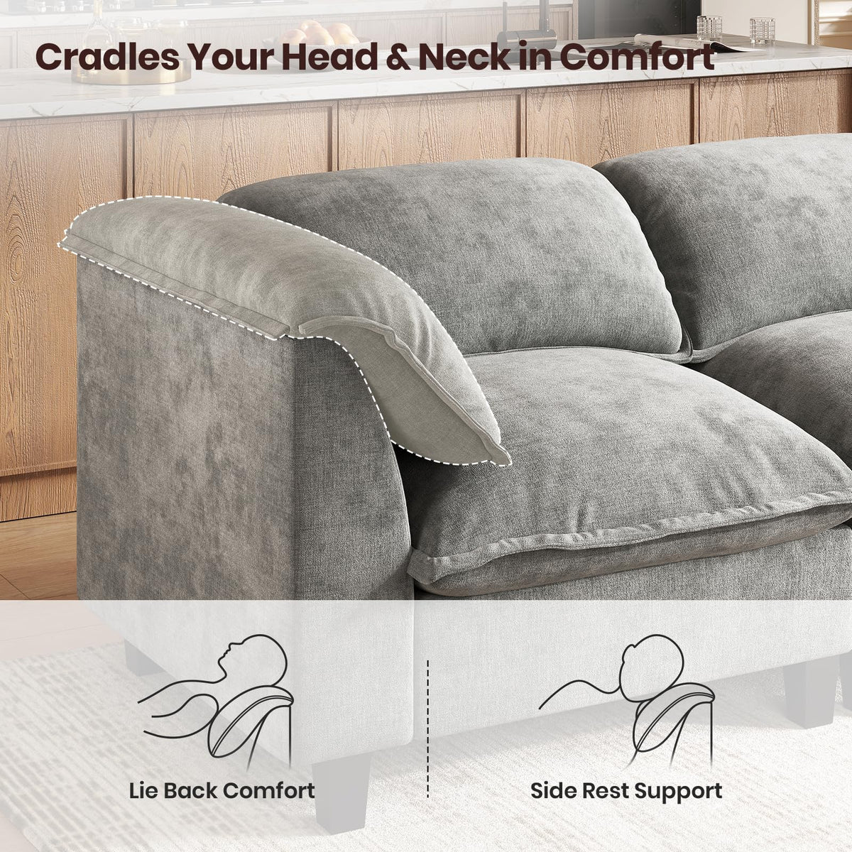 112'' Modular Sectional Sofa with Ottoman, 3-Seat Chenille L-Shaped Couch with Washable Cushion Covers, Curved Padded Armrests, Comfy Upholstered Sofa for Living Room, Gray