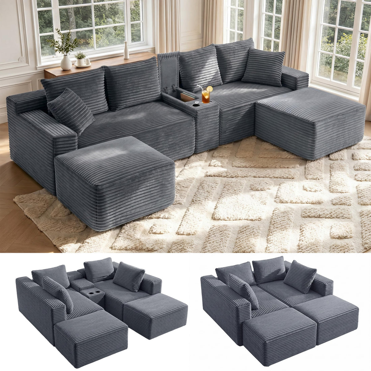 127" U-Shaped Boneless Sofa with Center Console for Living Room, Brown