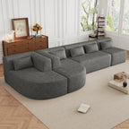 110" Sectional Sofa Round Curved Couch, Modern 4 Seat Sofa with Wood Grain Chenille Fabric, Comfy Deep Seat Sponge Couch with 4 Pillows for Living Room, White
