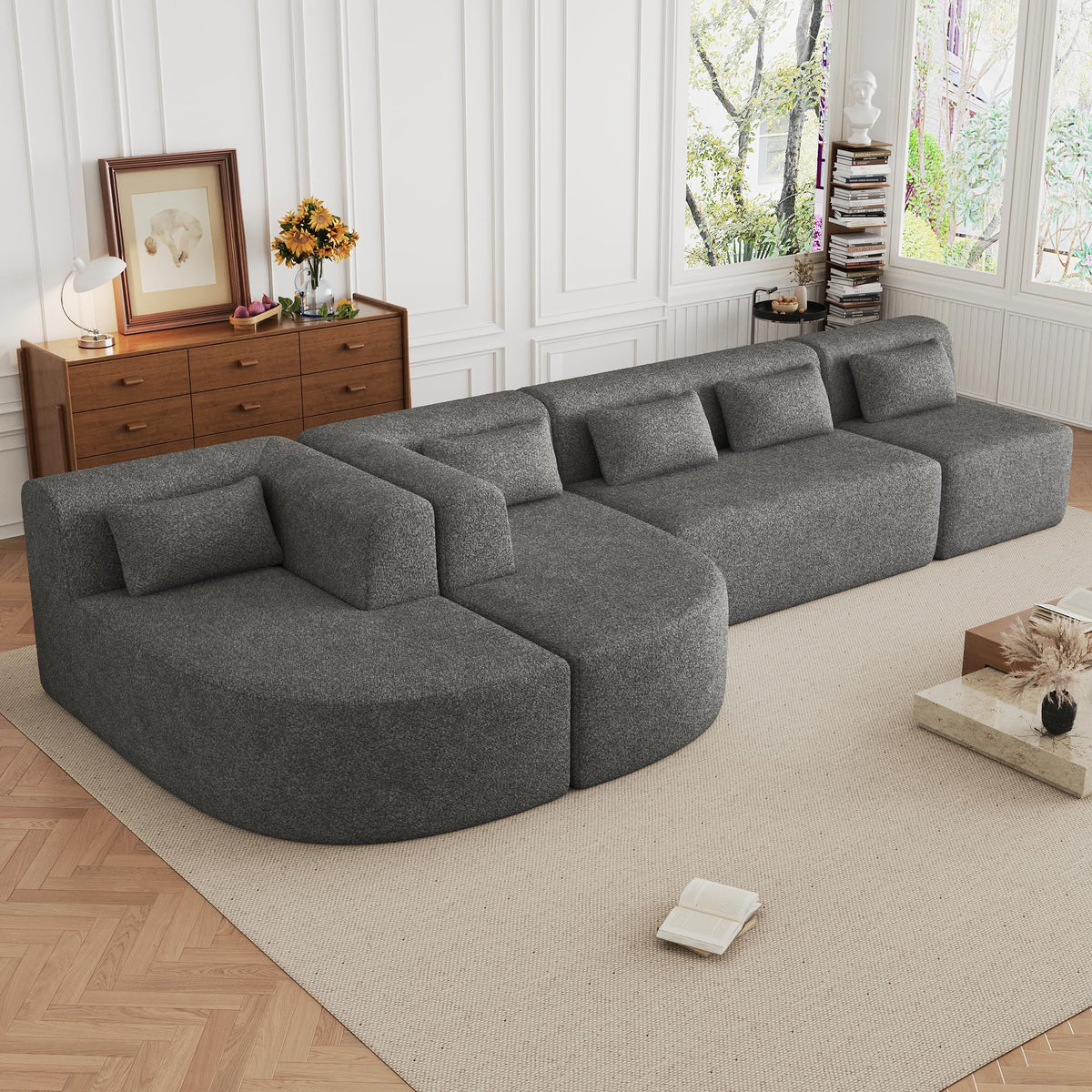 110" Sectional Sofa Round Curved Couch, Modern 4 Seat Sofa with Wood Grain Chenille Fabric, Comfy Deep Seat Sponge Couch with 4 Pillows for Living Room, White