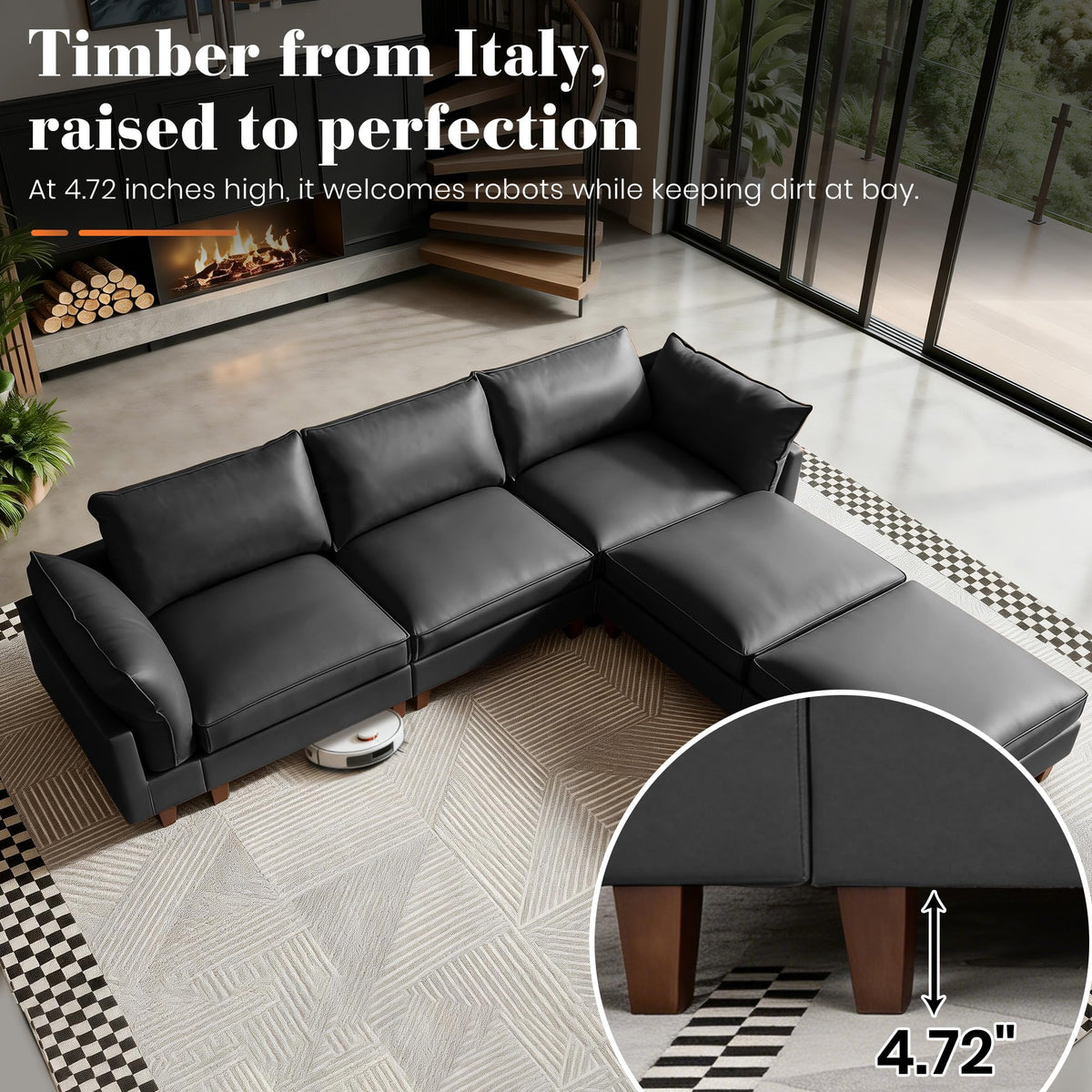 126" L Shaped Faux Leather Couch with Deep Seat for Living Room, Grey