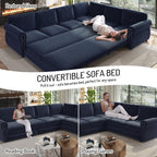 118" Oversized Sleeper Sofa with Pull Out Bed, Chenille L Shaped Convertible Sectional Sleeper Couch with Nailhead Trim & Rolled Arm, 6-Seater Couches for Living Room, Blue