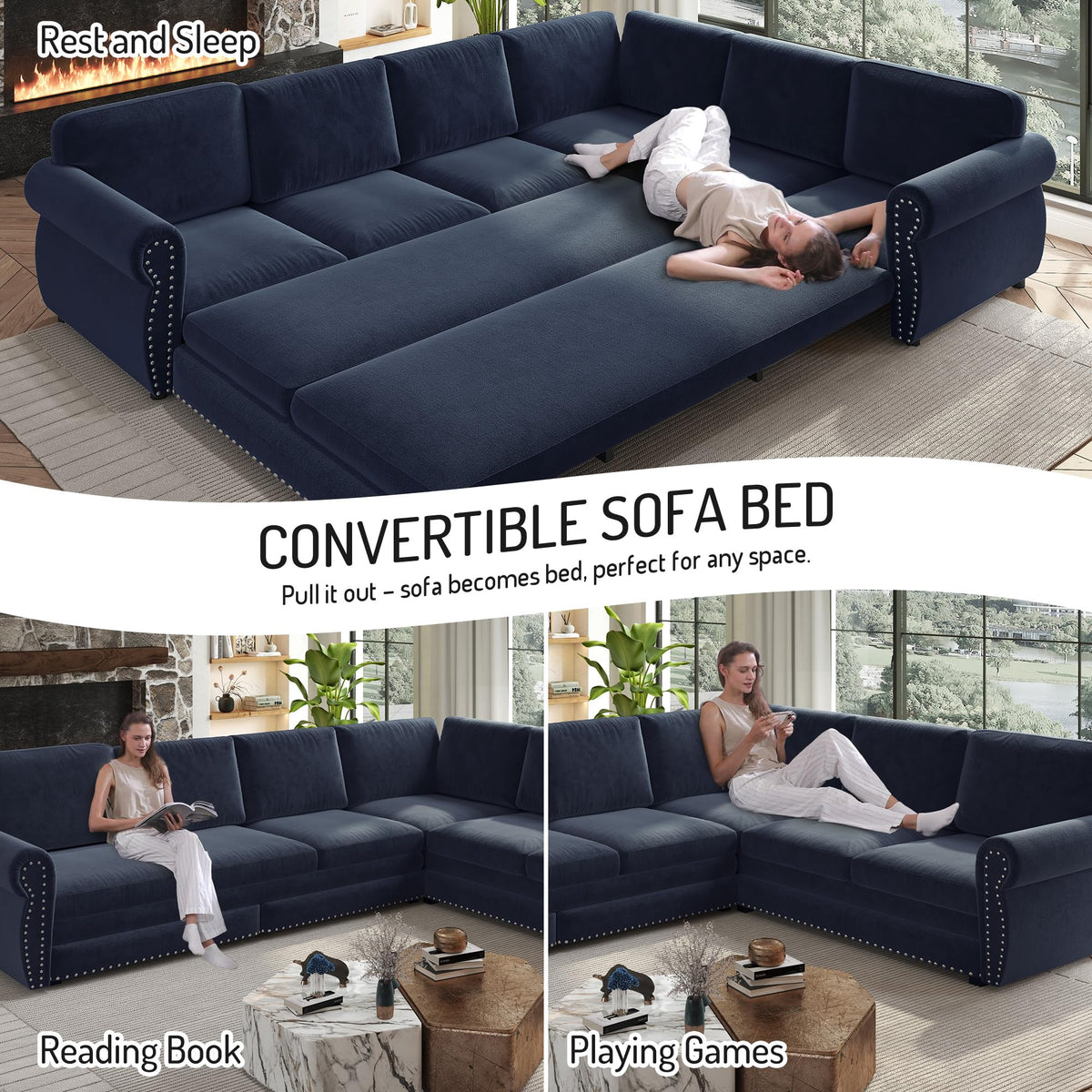118" Oversized Sleeper Sofa with Pull Out Bed, Chenille L Shaped Convertible Sectional Sleeper Couch with Nailhead Trim & Rolled Arm, 6-Seater Couches for Living Room, Blue