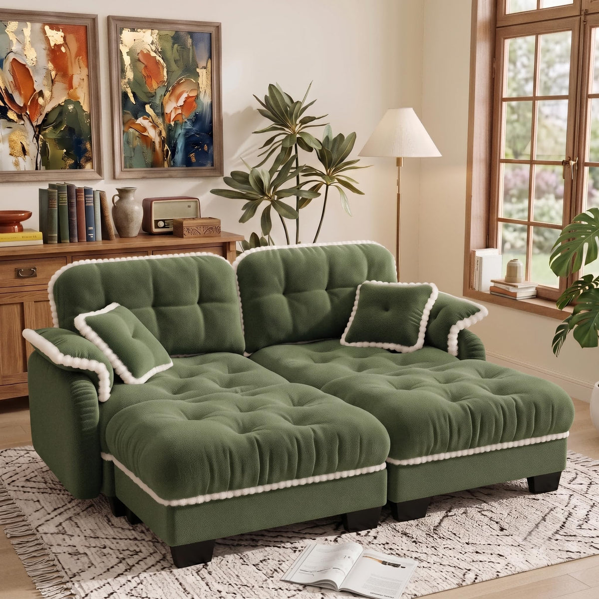 100.7" Chenille Cloud 3-Seater Sofa, Tufted Deep Seat Couch with Pom-Pom Trim & 4 Pillows, Ergonomic Easy Assembly Modular Sofa for Living Room & Apartment（Green ）