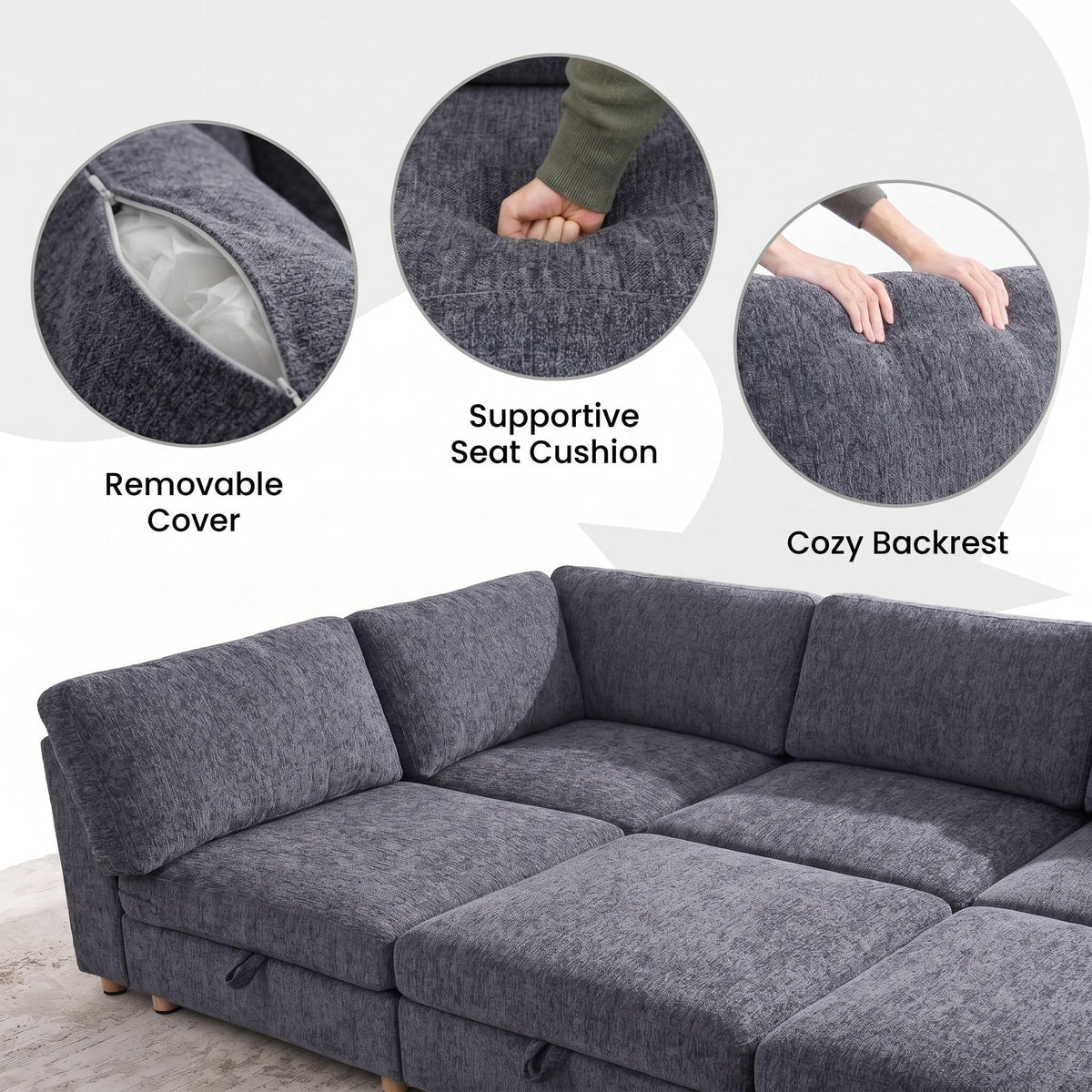 128'' Modular Sectional Sofa, 8 Seater Sectional Sofa,Chenille Modern Couch with Removable Covers, U Shaped Sofa Bed with Storage, L Shaped Cloud Couches with Ottoman, Grey Couches for Living Room