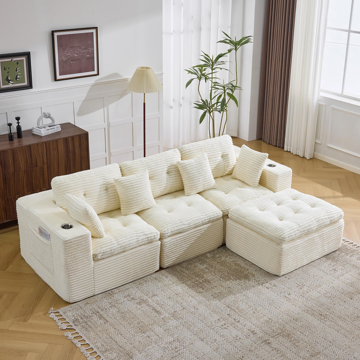 108.08" Boneless Sectional Couch, Modern U Shaped Modular Sectional Sofa Corduroy Upholstered for Living Room Oversized Deep Seat Cloud Couch with 2 Ottoman, No Assembly, Black
