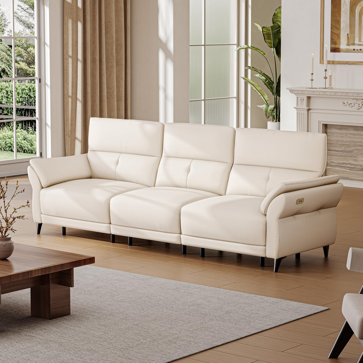 107.1''W Oversized Beige Leather Power Reclining Sofa Couch with Dual Motor