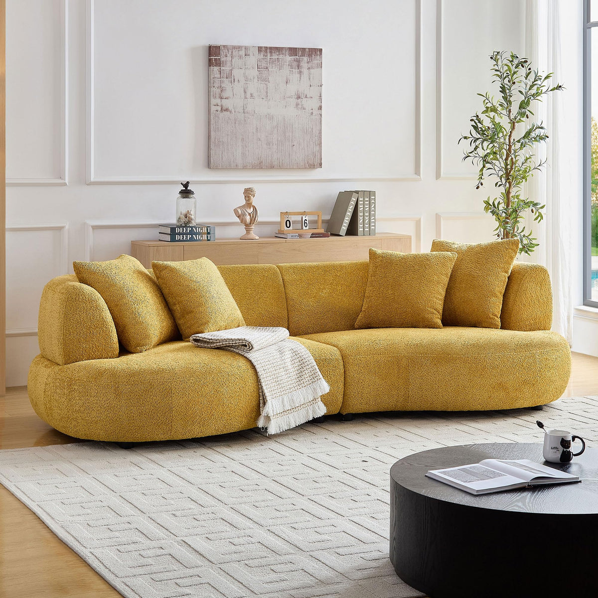 102.36" Cream White Curved Boucle Sofa, 4 Seater Deep Cloud Couch