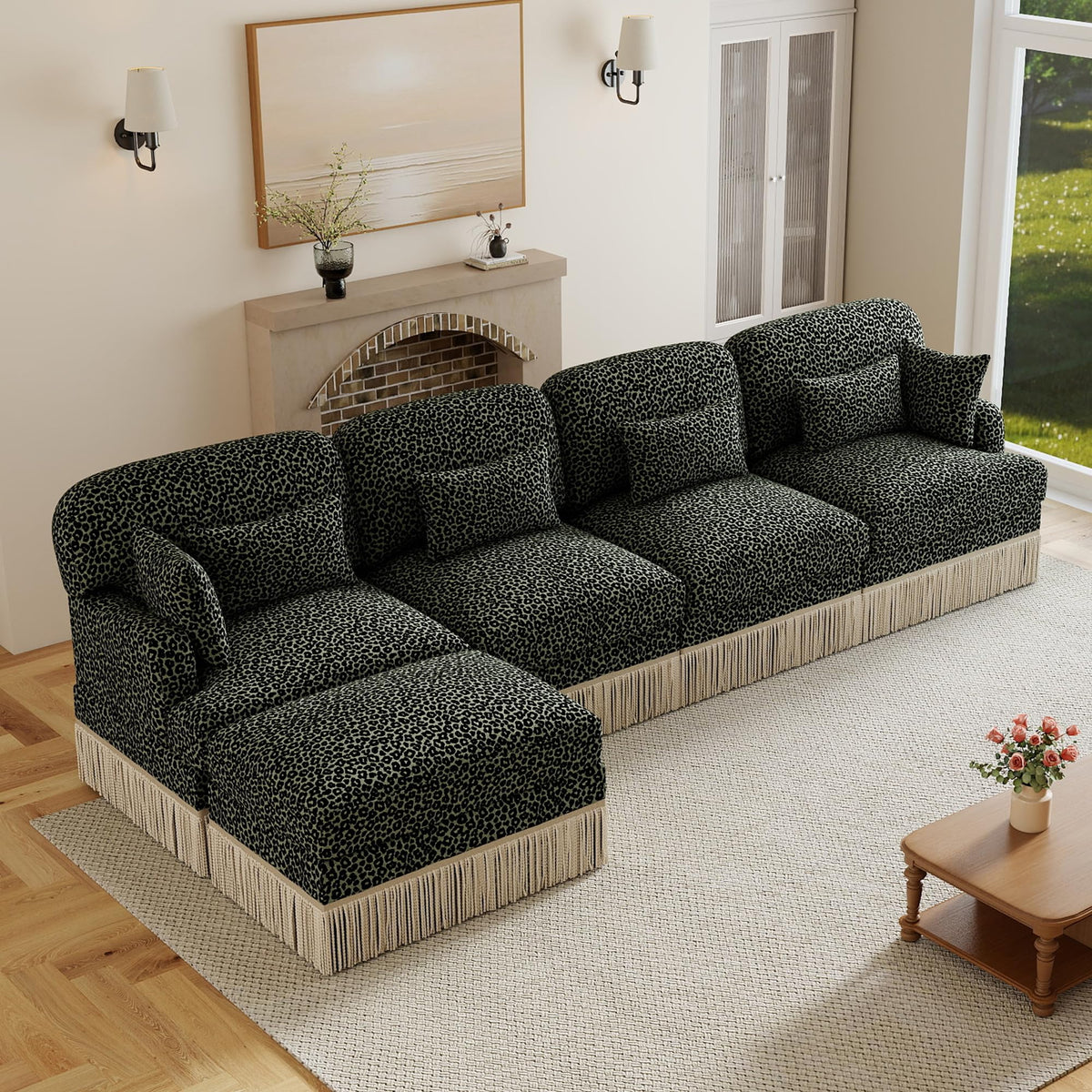 100" Leopard Print Chenille Modular Sectional Sofa with Tassels, L-Shaped Deep Seat Cloud Couch with Ottomans for Living Room, BGE-KHK