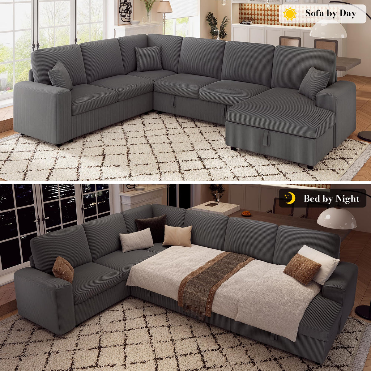 130" Sofa Bed, Sectional Sleeper Sofa, Pull Out Couch with Storage