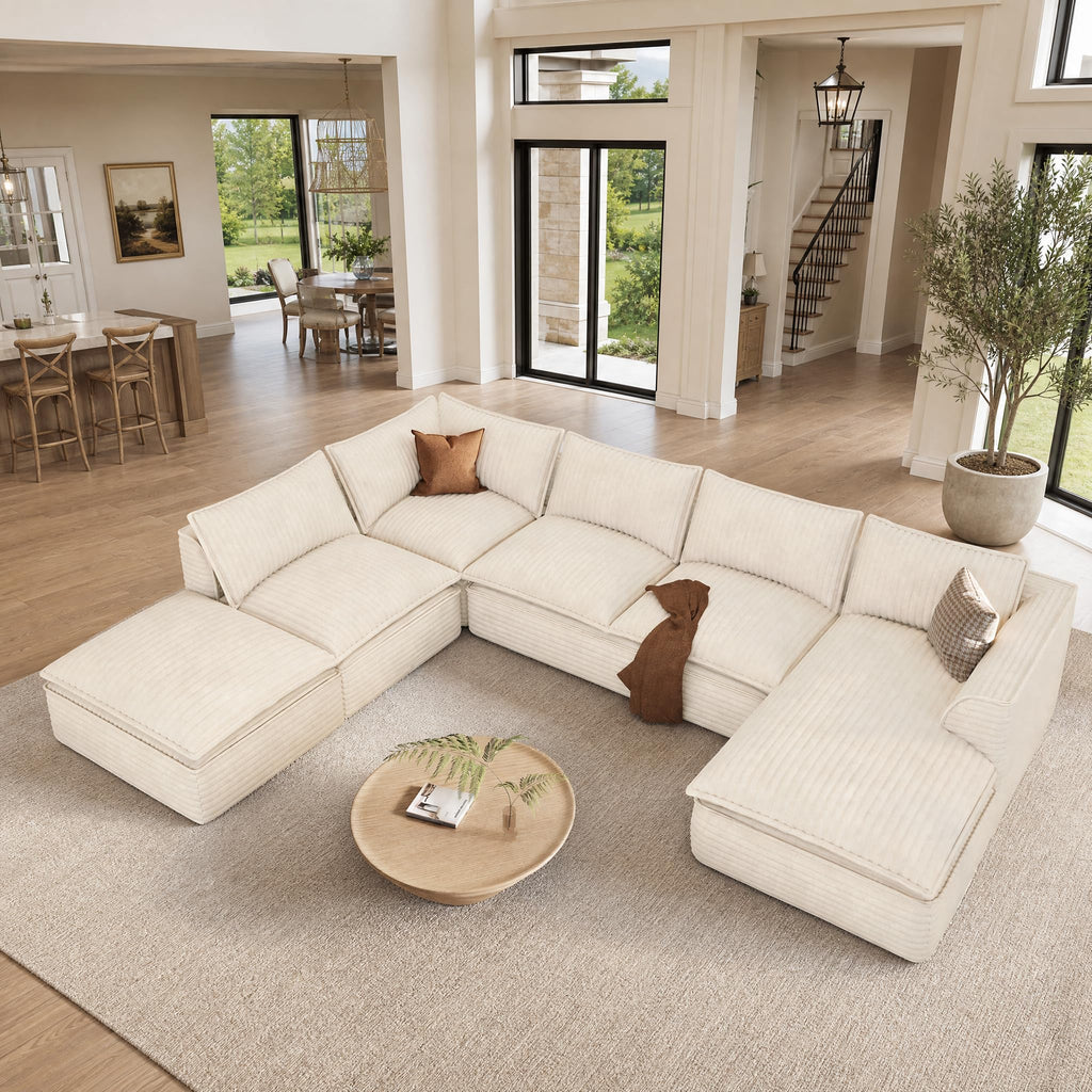 Vesgantti 141.7" Boneless Sectional Sofa with Chaise, 7 Seater Couch, Beige