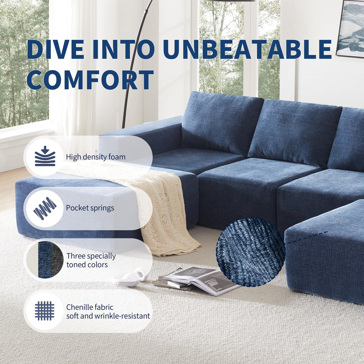 110" Cloud Chenille Deep Seat Chaise Lounge Indoo, Modular Sectional Sofa with Spring Pack Support, Modern Boneless Compressed Floor Sectional Sofa with U-Shaped for Living Room, Navy