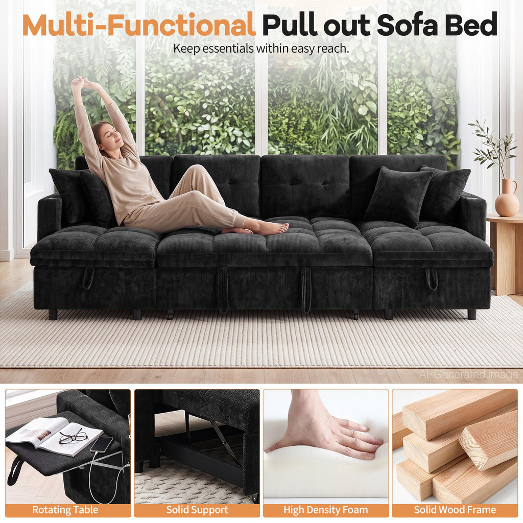108”Pull Out Sofa Bed, U Shaped Sleeper Sofa for Living Room, Black