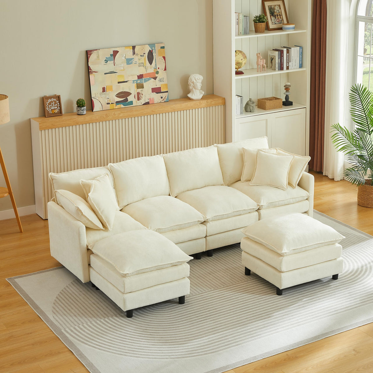 106" U-Shape Modular Sofa w/Ottoman, 4-Seater Chenille Cloud Couch, Coffee