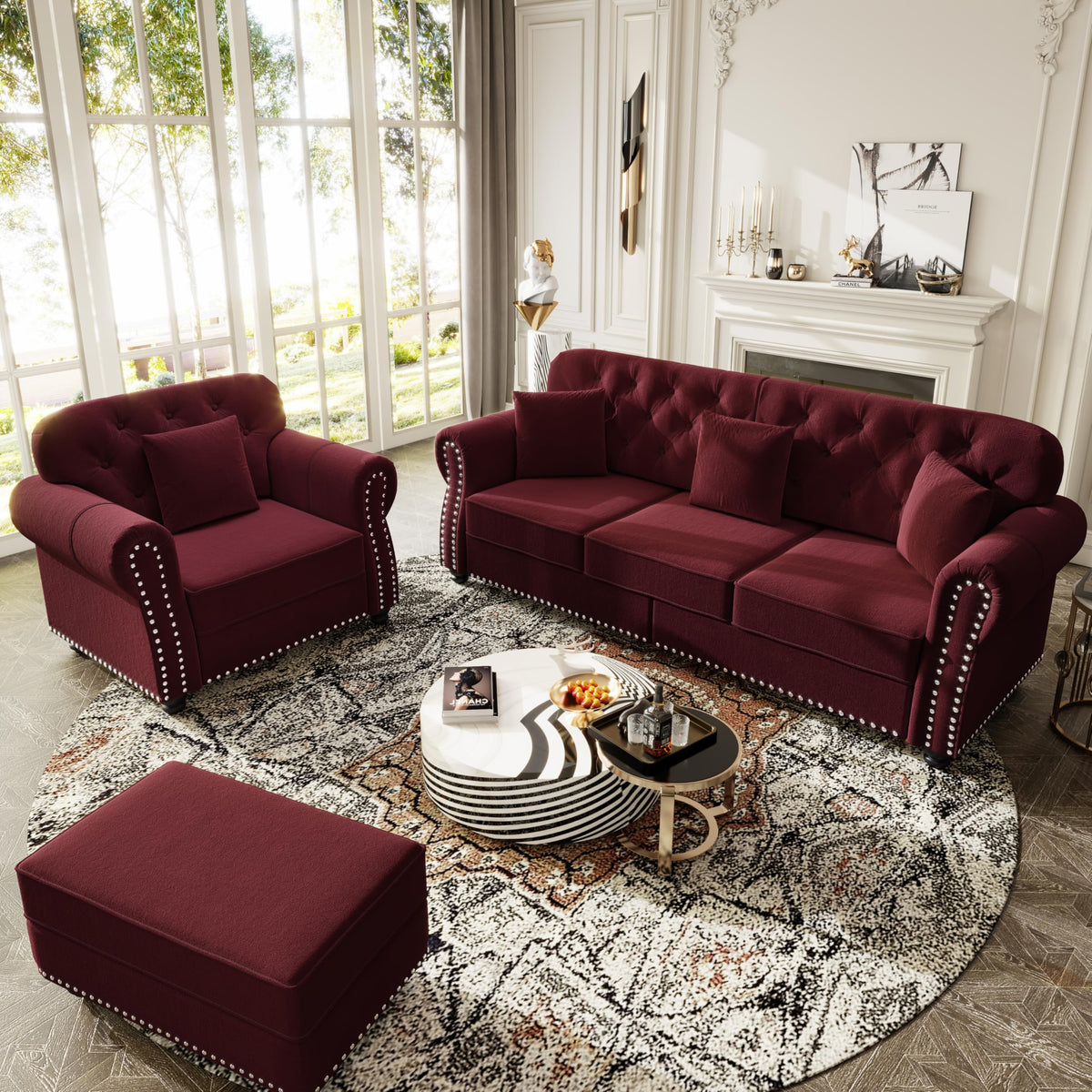 Velvet Chesterfield Sofa with Rolled Arms & Nailhead Trim, Modular Sectional Sofa Couches, Modern Cloud Sofa with Button Tufted, for Living Room, Bedroom, Small Space