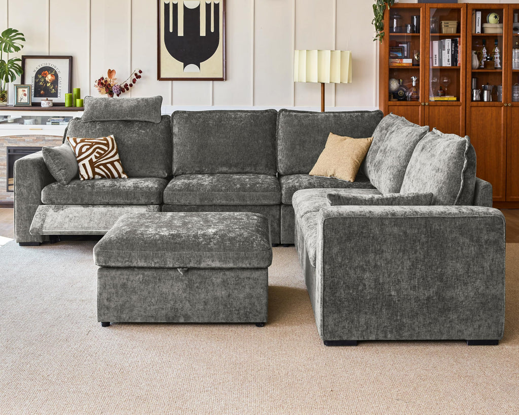 120" Modular Power Reclining Sectional 6 Seater L-shaped Sofa, Chenille