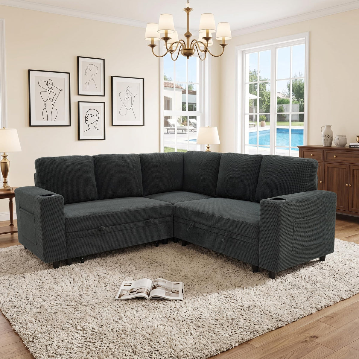 U-Shaped Sofa, Dual Chaise Sectional, 104 Inch, Camel