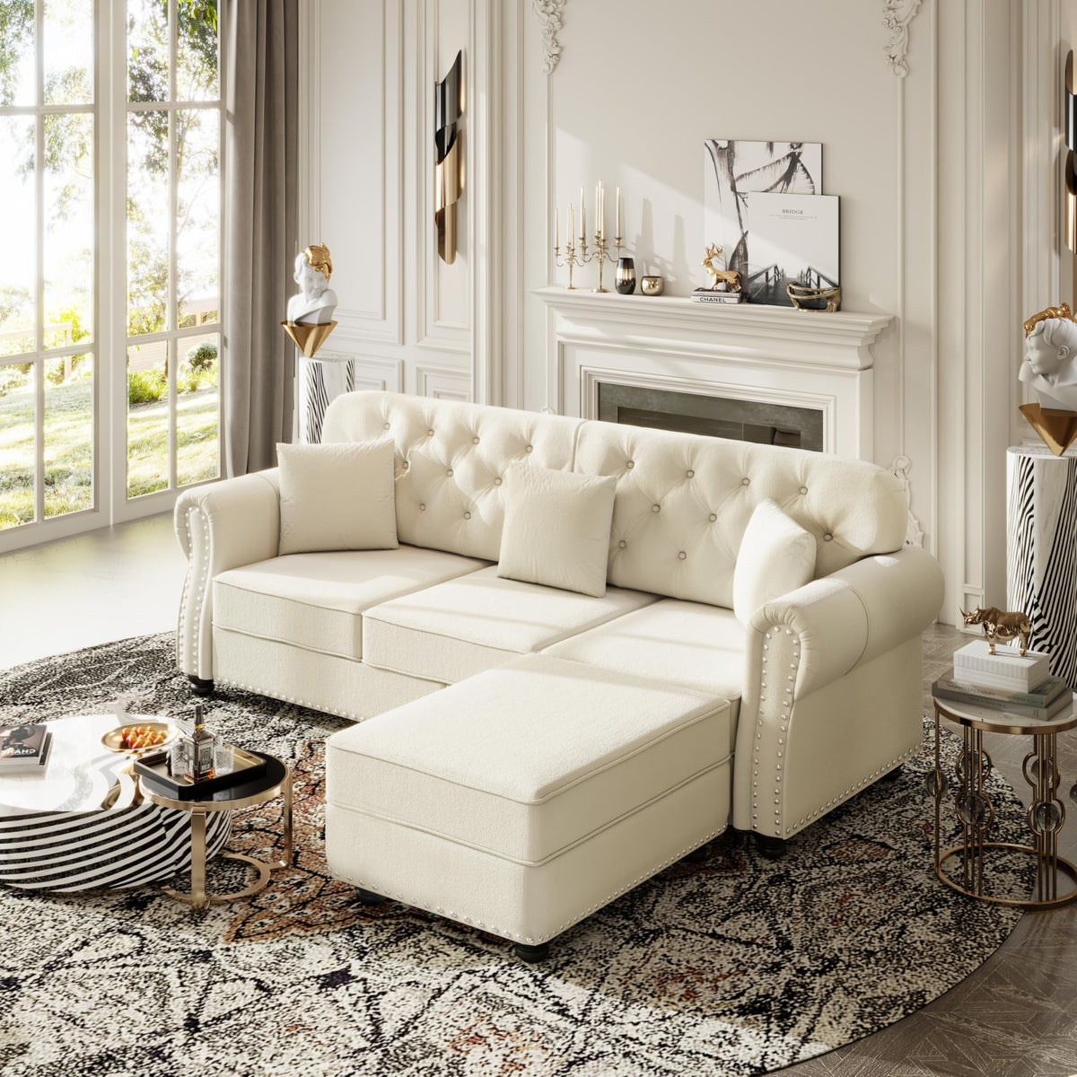 Velvet Chesterfield Sofa with Rolled Arms & Nailhead Trim, Modular Sectional Sofa Couches, Modern Cloud Sofa with Button Tufted, for Living Room, Bedroom, Small Space