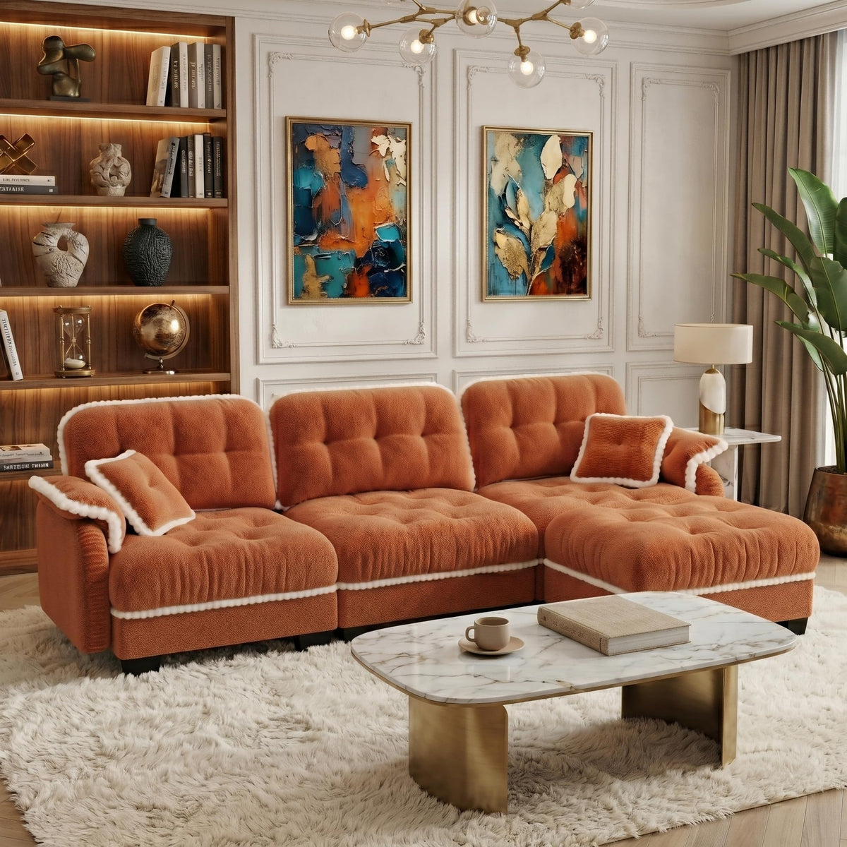 100.7" Chenille Cloud 3-Seater Sofa, Tufted Deep Seat Couch with Pom-Pom Trim & 4 Pillows, Ergonomic Easy Assembly Modular Sofa for Living Room & Apartment（Green ）