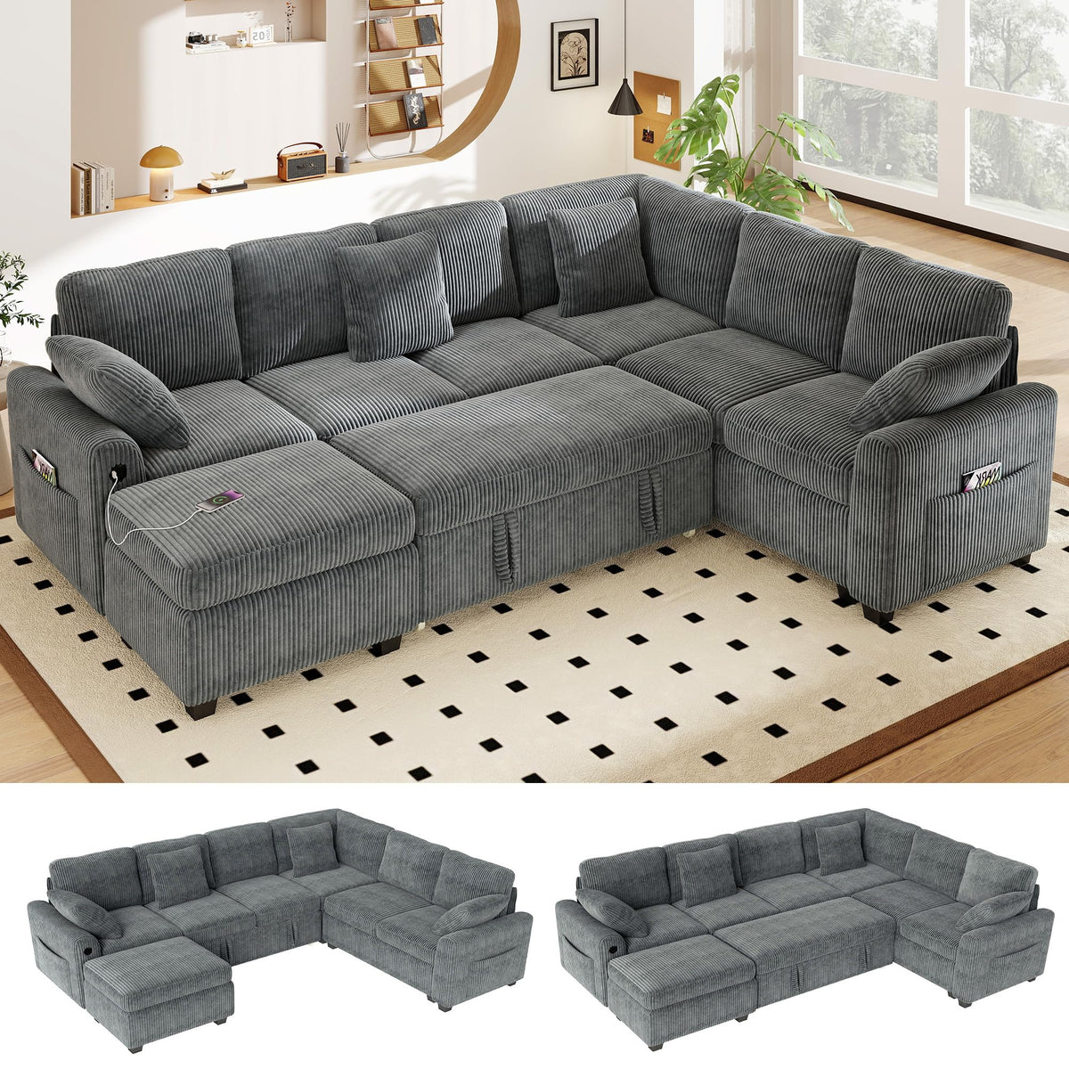 WorthFurni 104" Oversized 6 Seat L Shaped Sectional Sofa, Corduroy Convertible Couch with Pull Out Bed, Movable Storage Ottoman, USB Port, 2 Pillows & Storage Pocket for Living Room（Gray）