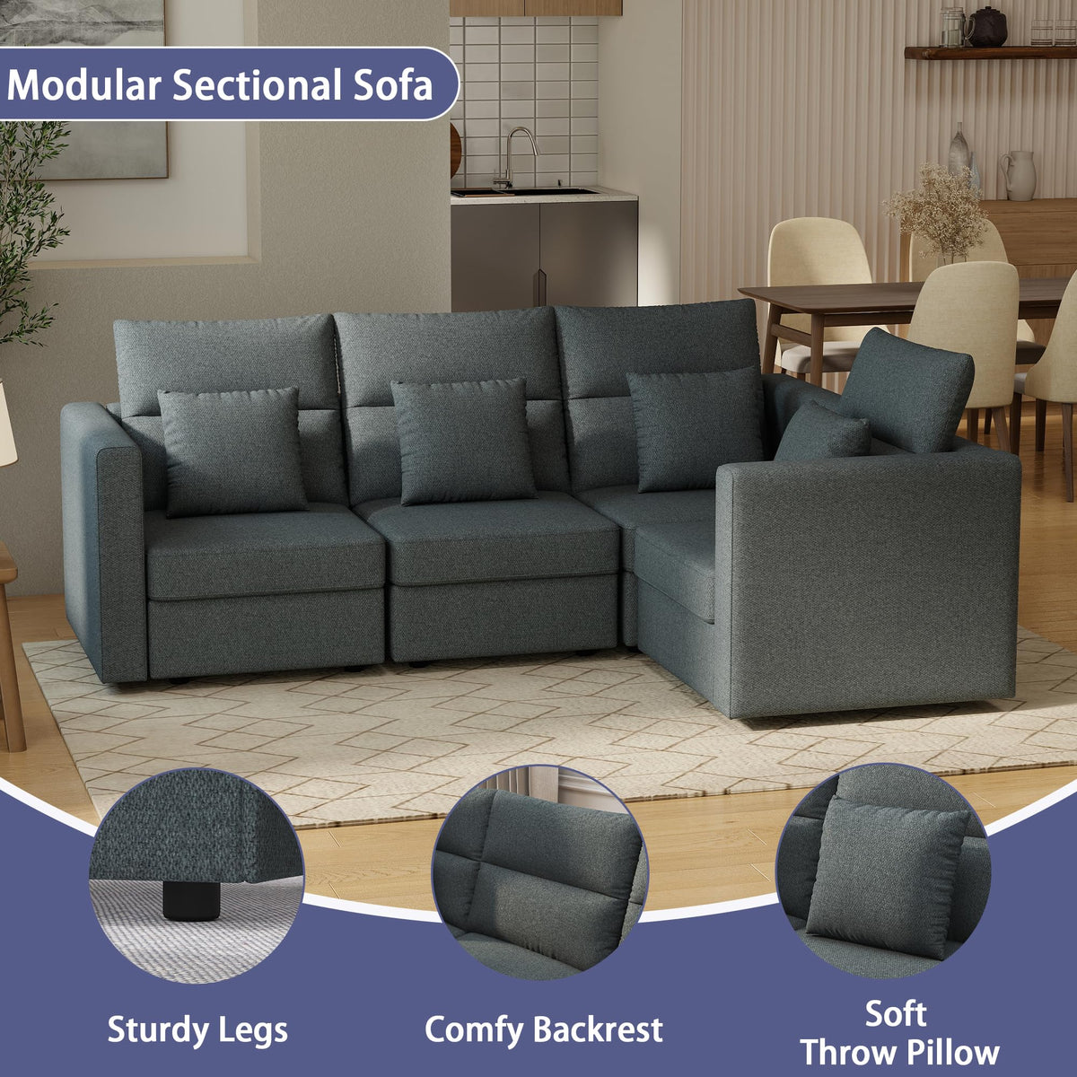 V Shaped Sectional Couch: 81" Grey Sectional Sofa, 5 Seat Couch