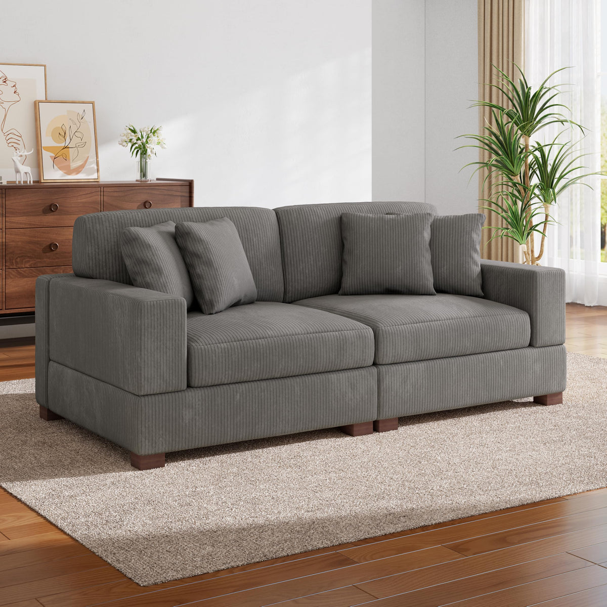118.3" L-Shaped Modular Sectional Sofa with Chaise, Comfy Corduroy Fluffy Couch with Deep Seat, Flexible Module Combination for Living Room, Cotton Flannel Light Brown