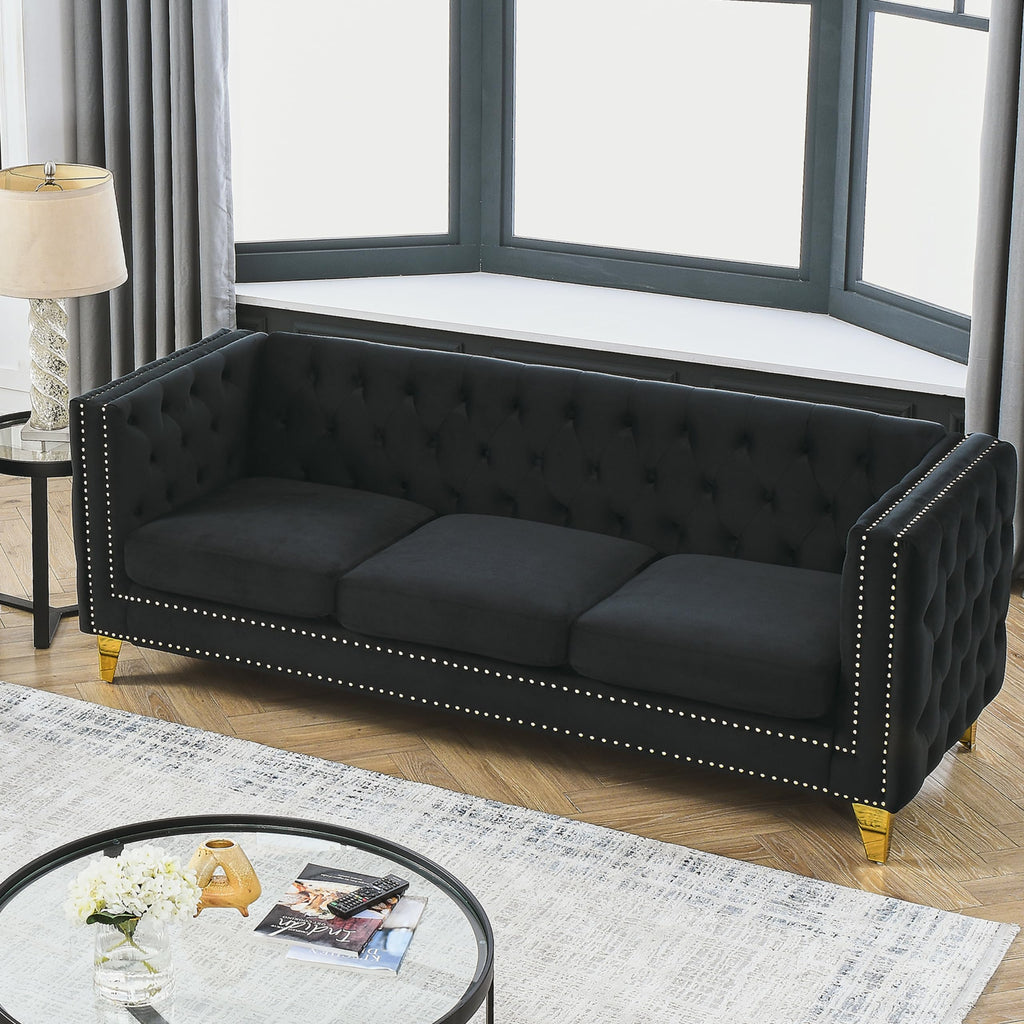 Velvet Upholstered Sofa, Buttons Tufted Couch with Square Arms, Modern Living Room Sofa with Metal Legs, Black Velvet