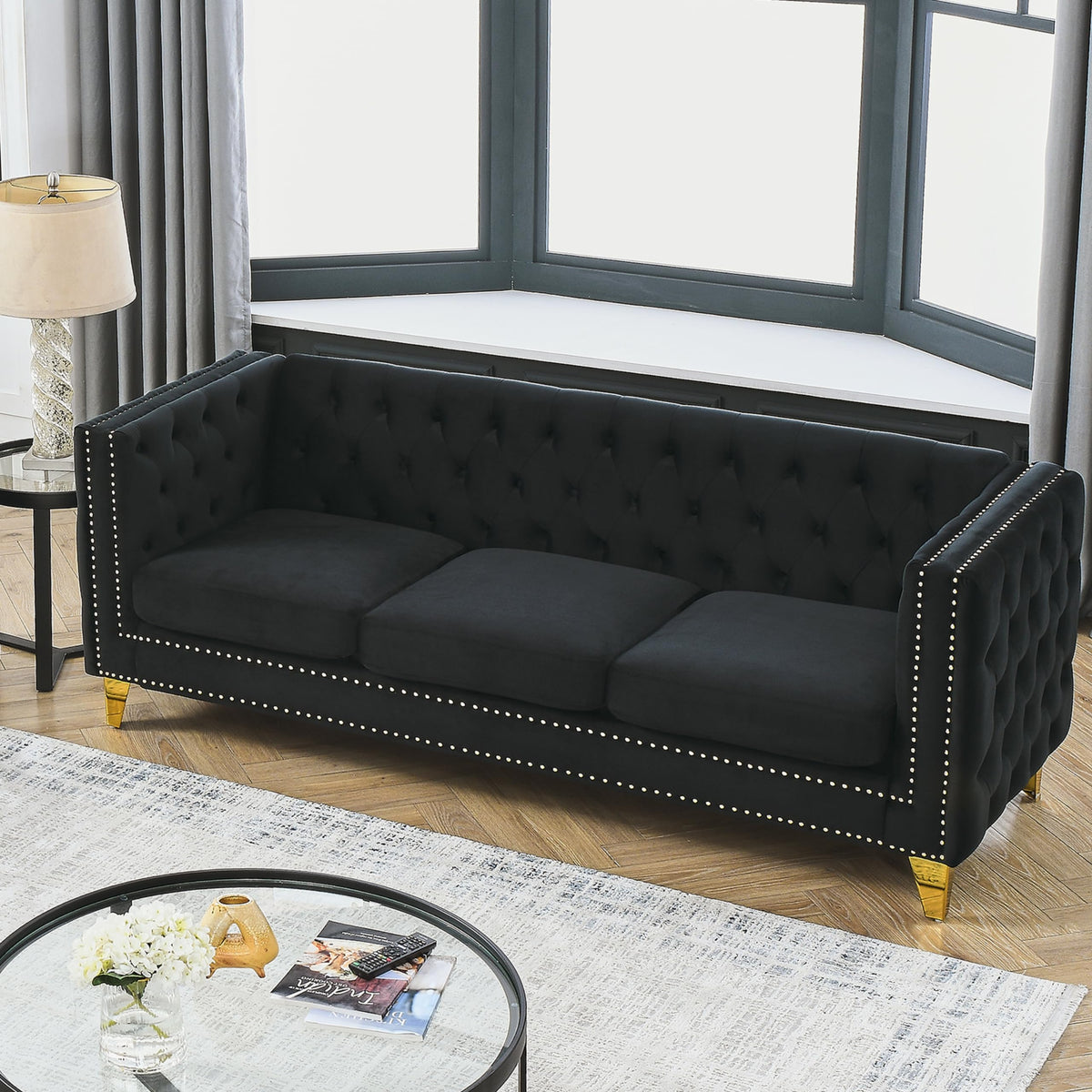 Velvet Upholstered Sofa, Buttons Tufted Couch with Square Arms, Modern Living Room Sofa with Metal Legs, Black Velvet