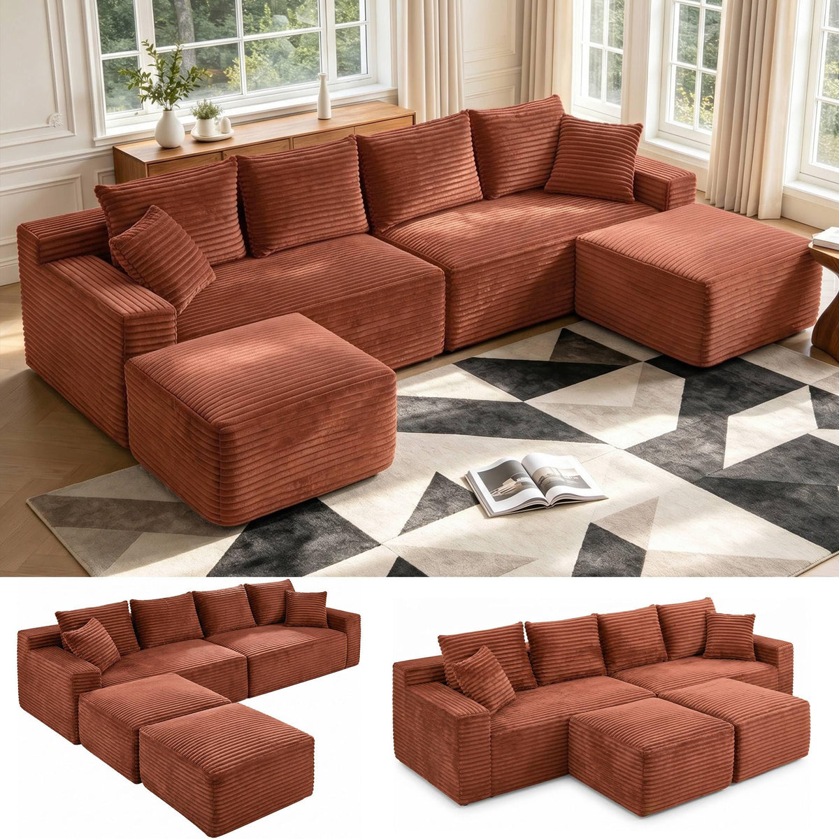 127” U-Shaped Cloud Sectional Couch for Living Room, Modern Boneless Corduroy Sofa with Chaise ‌and Console, Include 2 Cup Holders, Storage Space and USB Ports, No Assembly Required, Black