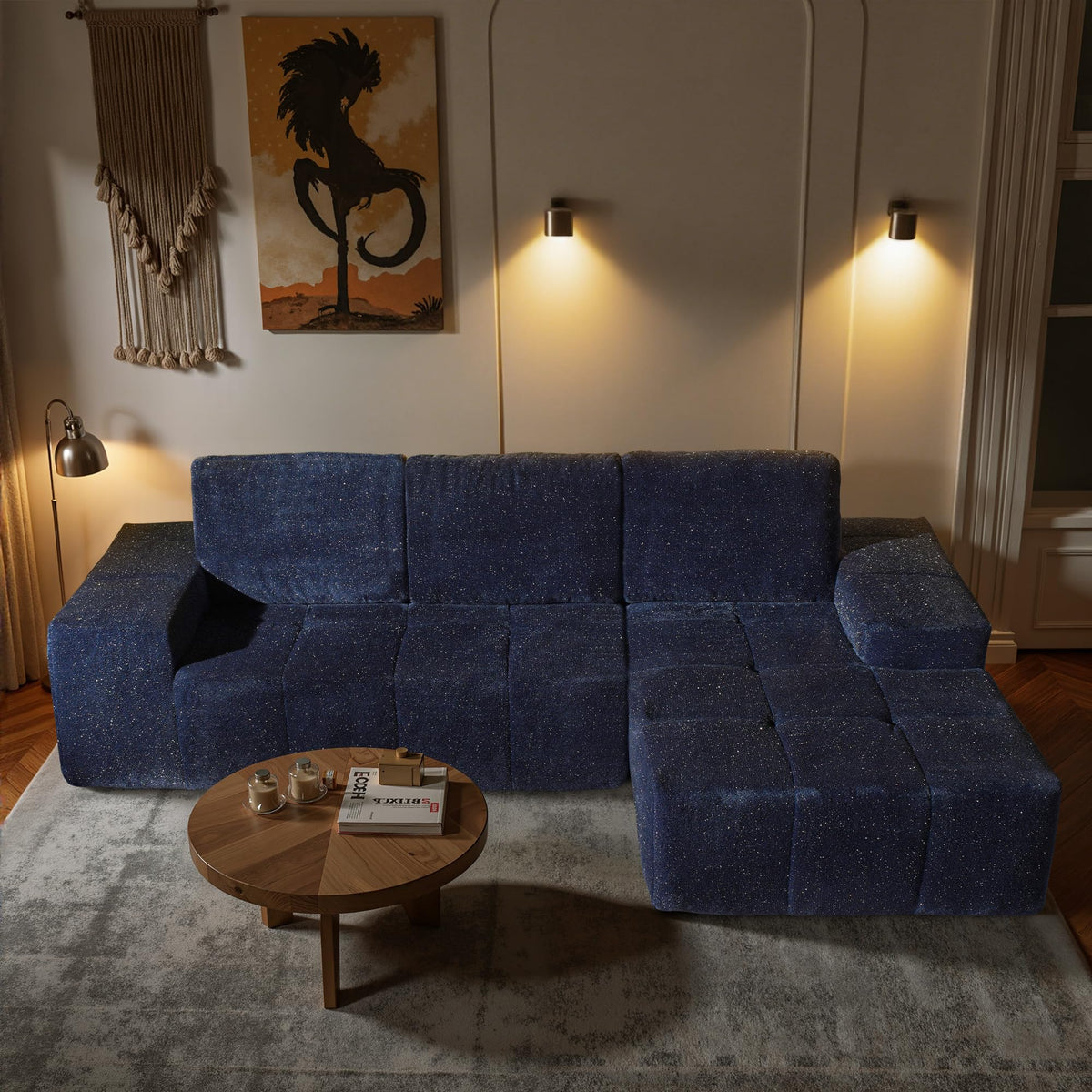 104" L-Shape Modular Sectional Sofa Couch,Comfy Upholstered Cloud Couch for Living Room,Modern Minimalist Couches,Deep Seat,No Assembly Required (Black,Plush Corduroy, Right Facing Chaise w/Ottoman)