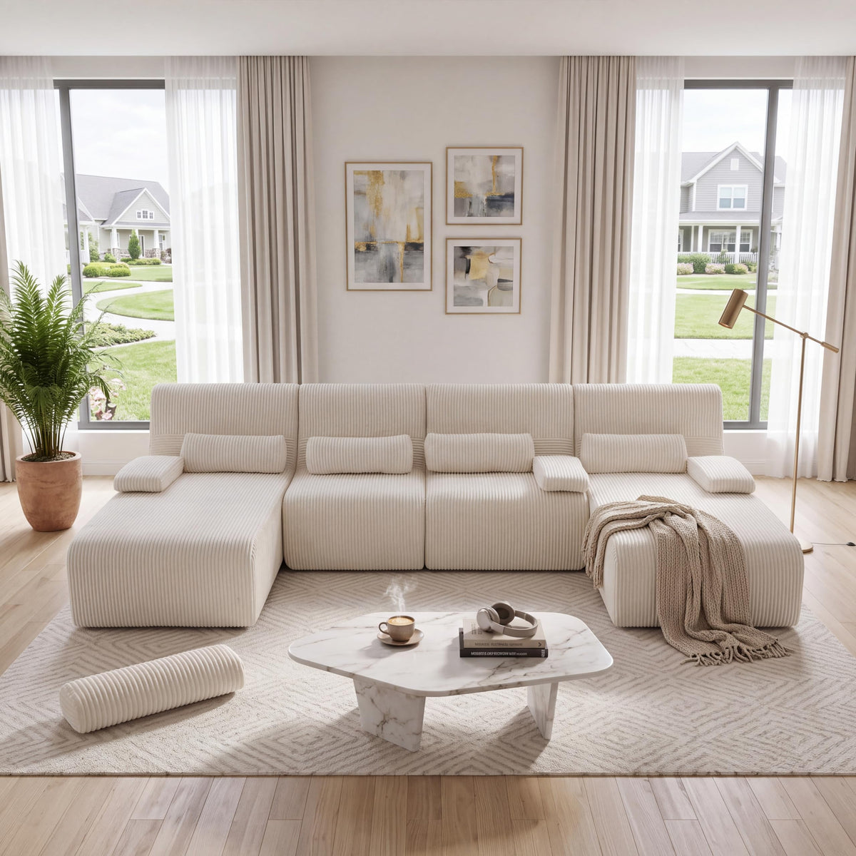 132" U-Shaped Cloud Sectional Couch Oversized Compressed Boneless Modular Sectional Sofa with Lumbar Pillow and 2 Chaise Loungers, Plush Corduroy Boneless Symmetrical Sofa