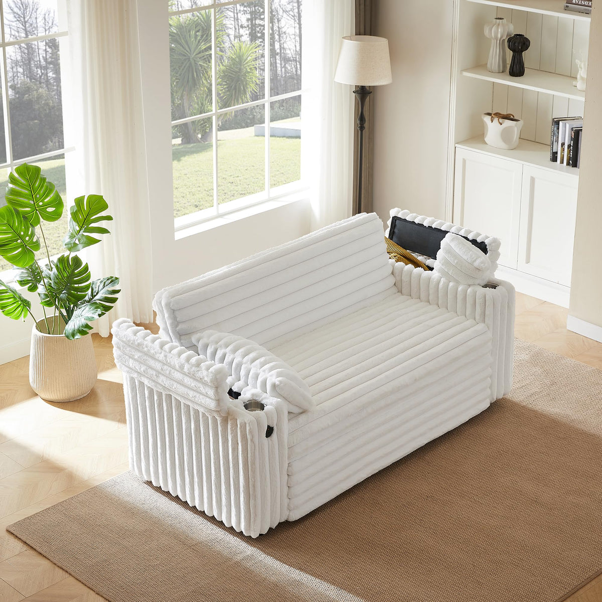 White Corduroy Sofa Bed with Pull Out Bed