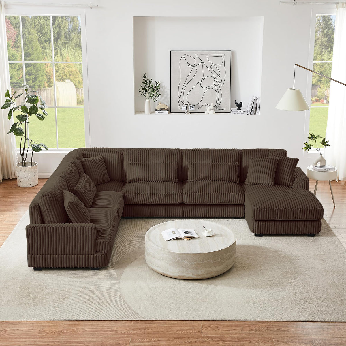 128.35'' Oversized Sleeper Sofa for Living Room, U-Shaped Sofa Couch Modern Sofa Upholstered with a Chaise Lounge for Living Room, Brown